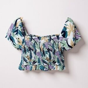 Roxy Smocked Puff Sleeve Crop Top Tropical‎ Leaf Print Size L